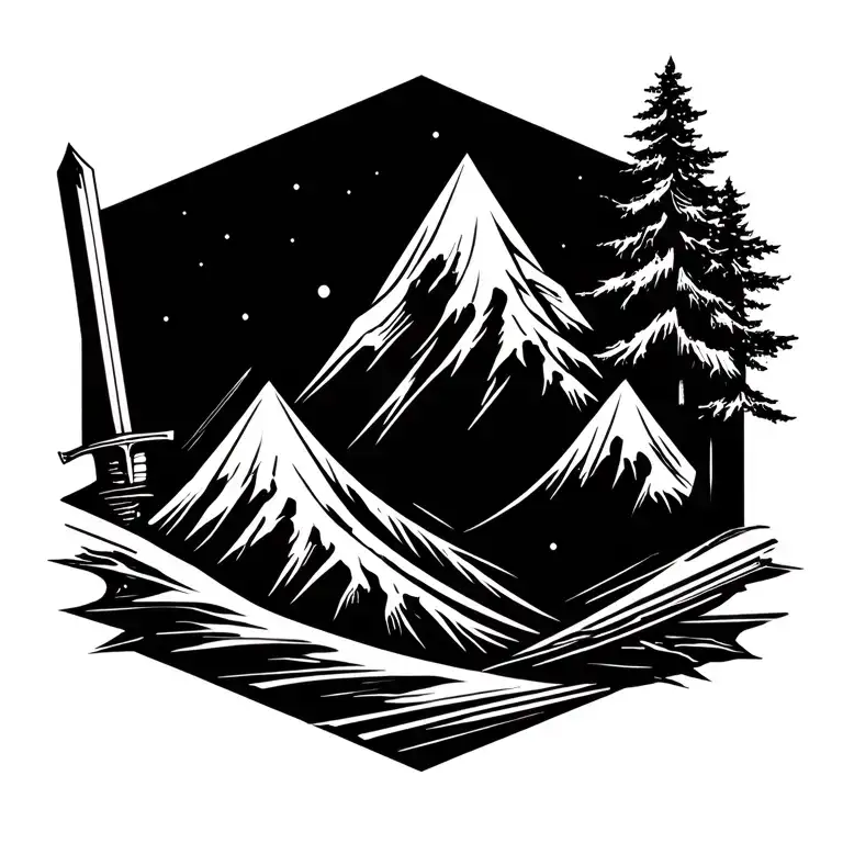 Mountains Wave Trees Bookstack Sword