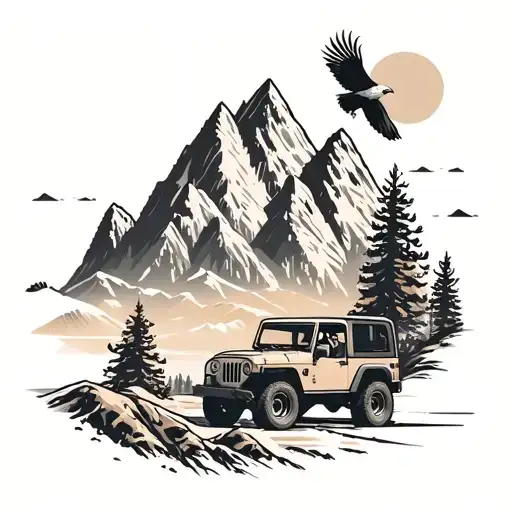 Mountain Scene With A Jeep Driving And Soaring Eagle