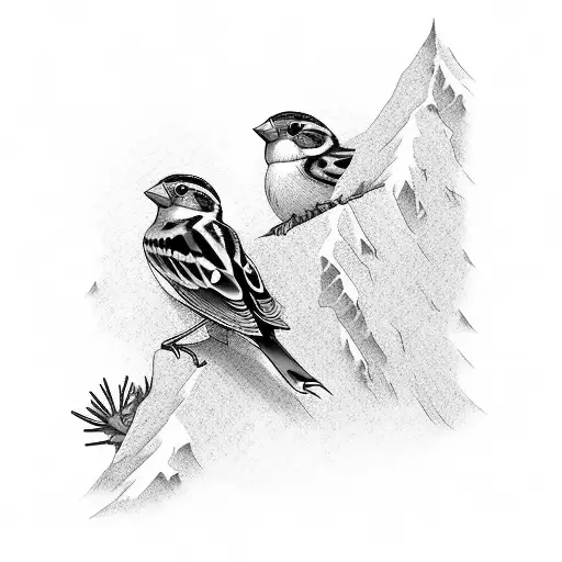 Two Sparrows With Juniper In Their Mouths Near The Mountain