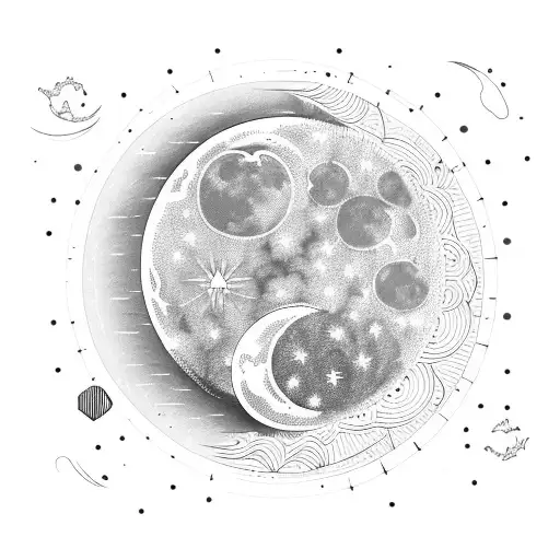 Waxing Crescent Moon And Wanning Gibbos Moon Underneath With Thin Vector Lines