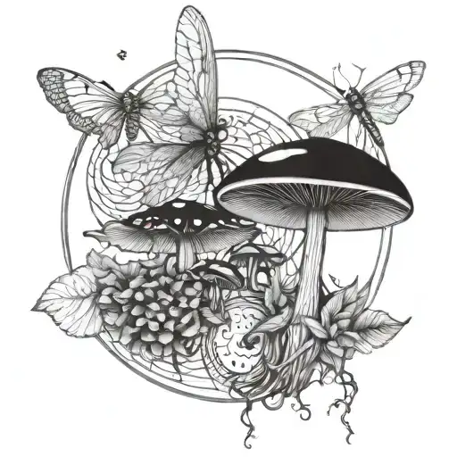 Mushrooms Moon Dragonfly