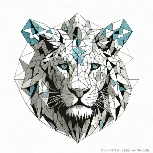 Giametric Line Design With A Male Lion With Blue Eyes And 2 Cubs