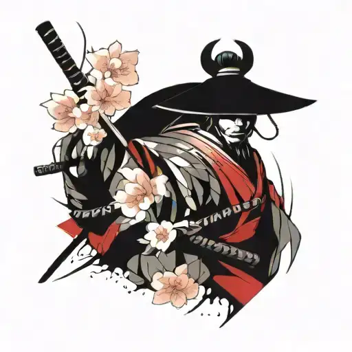 Samurai In Sakura Petals And Blood Splashes
