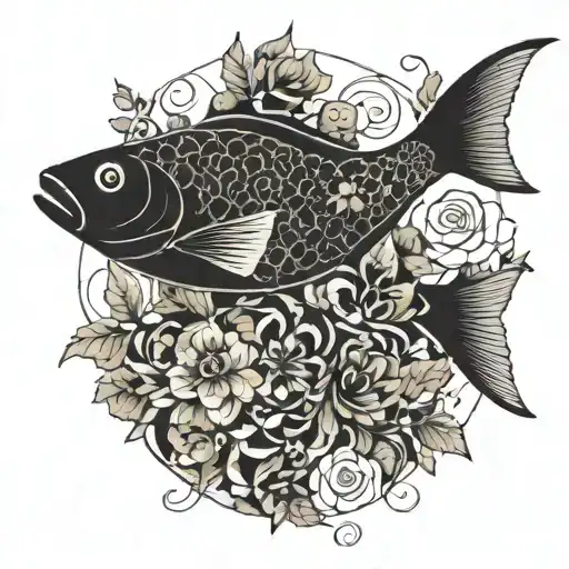 A Minimalist Design Of Geometric Fish Intertwined With Vines And Flowers