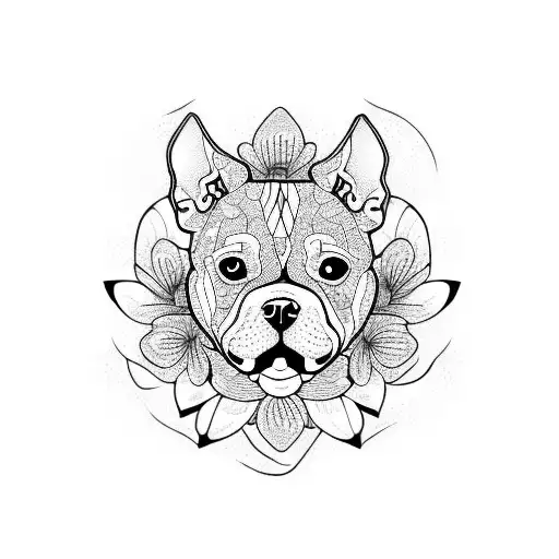 Puppy Amstaff With Flowers Black And White