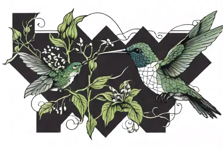 Hummingbird Flying Next To A Branch Wrapped In Lily Of The Valley And Morning Glory