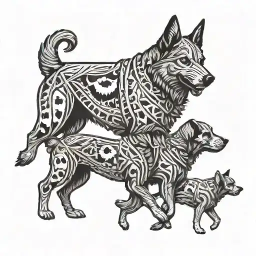 A Dotwork Design Of A Pack Of Pet Dogs Running Through A Field Of Money And Treats