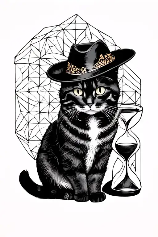 Adult Cat In Realism With A Hat Next To An Hourglass