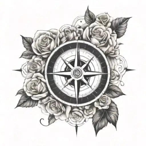 A Nautical Compass Rose Intertwined With Blooming Roses