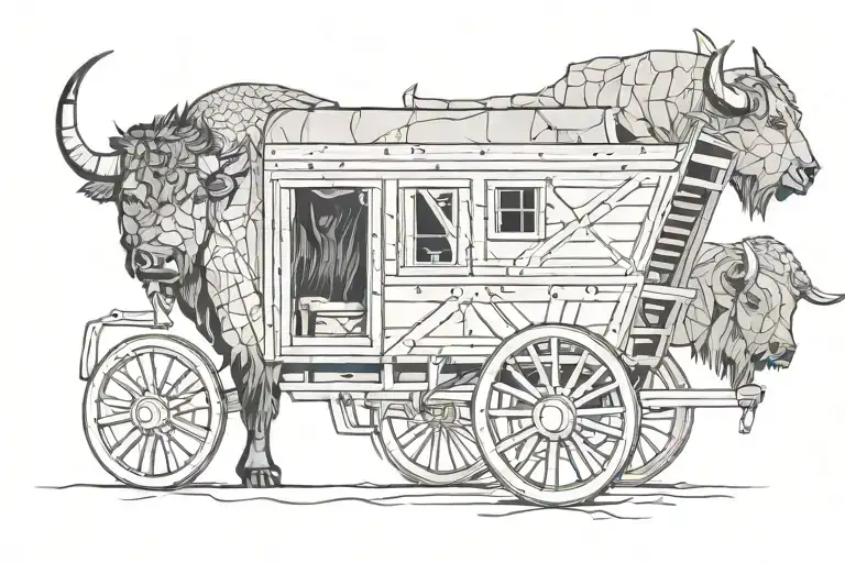 Western Wagon With Cabin Towed By Bison Land Pirate