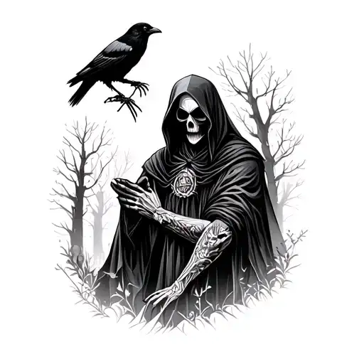 Grim Reaper In A Forest Holding A Crow On His Arm