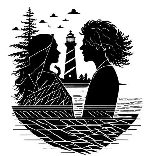 Man And Woman Silhouette With A Lighthouse In The Middle