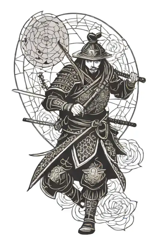 Samurai Warrior Tattoo Silhouette With Blood Moon In Th Background