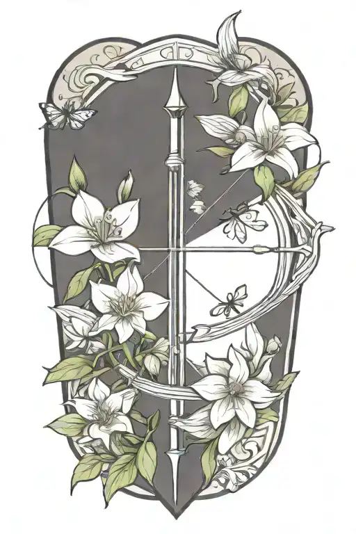 A Bow And Arrow Design With Kaiden's Name In The Middle Surrounded By Violets And Daffodils