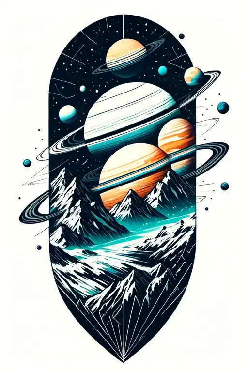 Planets In Geo Symteric Shapes Surrounding Mountains With Hint Of Cyan Color