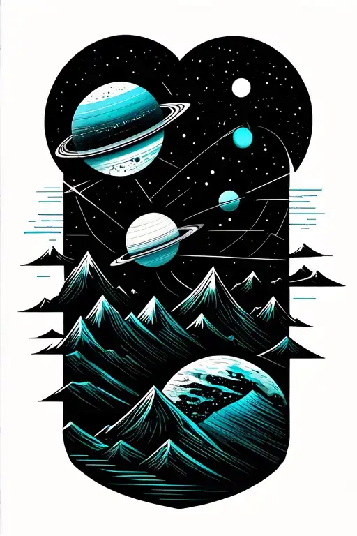 Planets In Geo Symteric Shapes Surrounding Mountains With Hint Of Cyan Color