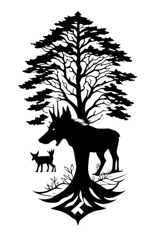 Tree With A Wolf And A Moose And A Fox
