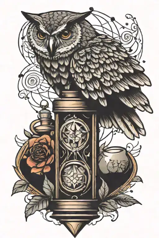 A Traditional Style Tattoo Of A Magical Owl Flying Over A Love Potion Bottle