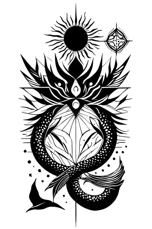 A Geometrical Tattoo Design Inspired By Pain And Also Use Mermaid And Sun