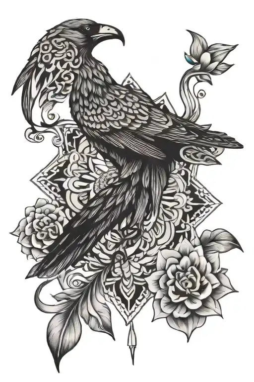 Piones With Crow An Snakes Indian Style Mandala