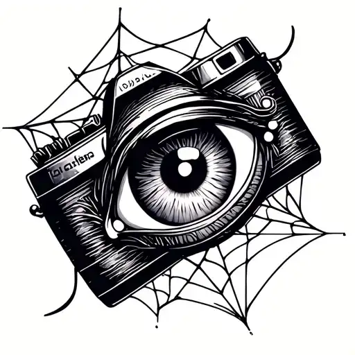 Camera And Spider Web With Girl Eye