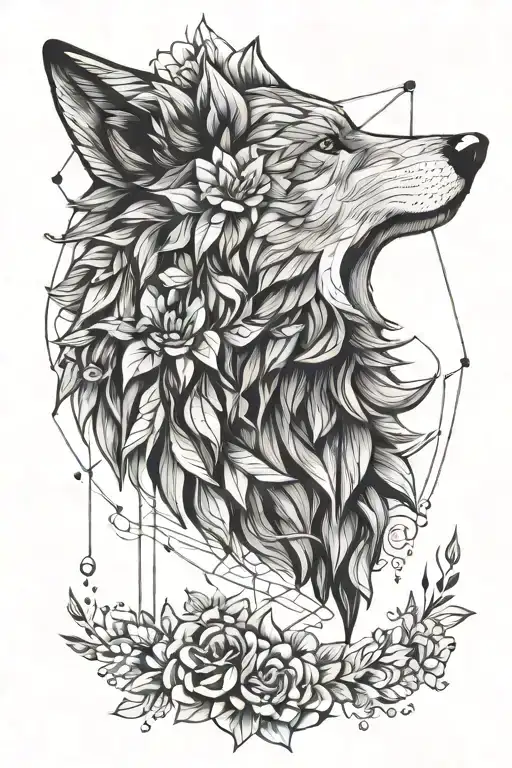 Head Of Wolf And Flowers