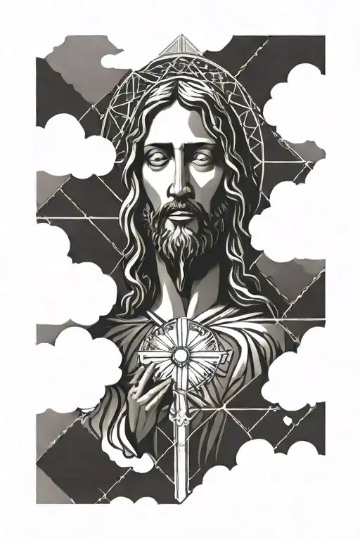 Jesus Face And Virgin Mary's Face And Angels In The Clouds