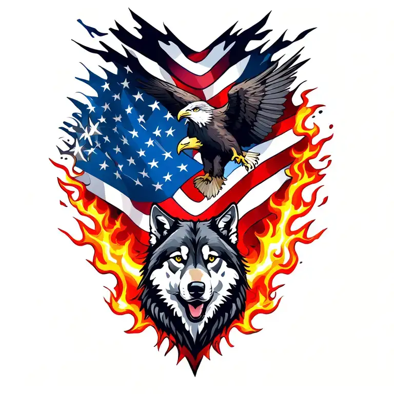 Usa Flag Intertwined With Flames Shooting Stars With Eagle And A Wolf