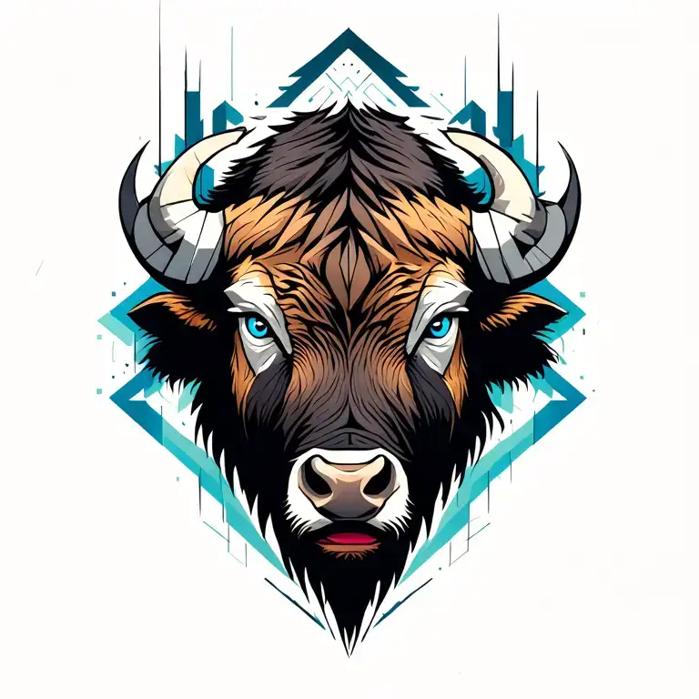 Bison Head With Blue Eyes Surrounded With Geometric Patterns In The Background