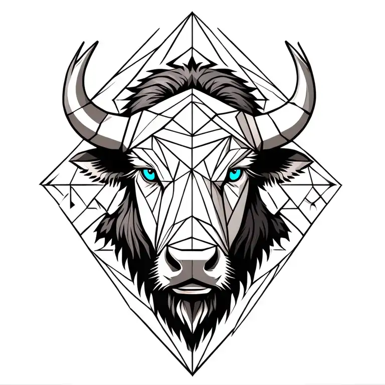Geometric Bison Head With Blue Eyes Surrounded With Geometric Patterns In The Background