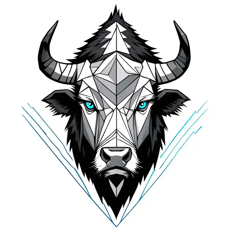 Geometric Bison Head With Blue Eyes Surrounded With Geometric Patterns In The Background