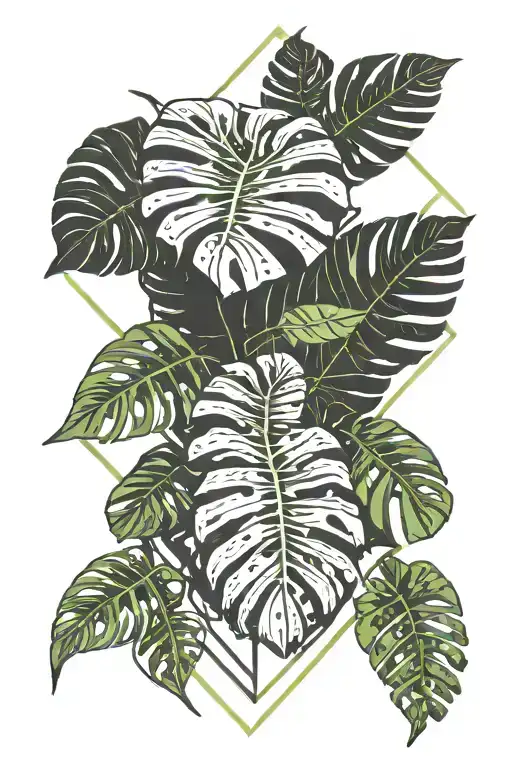 Diamond Shaped Line Around Monstera Leaves And Ferns Sticking Out