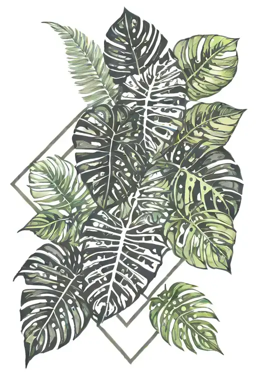 Diamond Shaped Line Around Monstera Leaves And Ferns Sticking Out