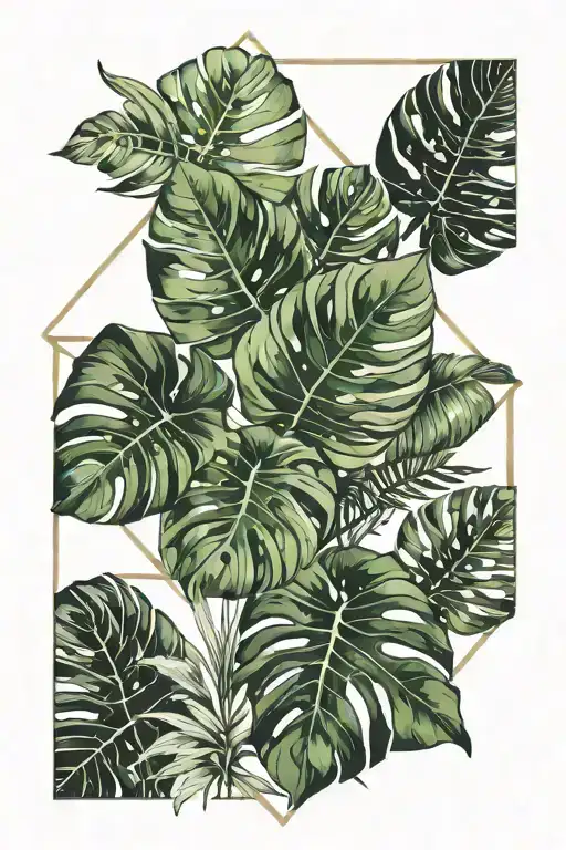 Diamond Shaped Line Around Monstera Leaves And Ferns Sticking Out