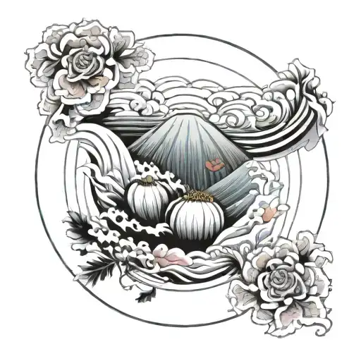 Wave Of Kanagawa In A Circle With A Poppy In The Perimeter