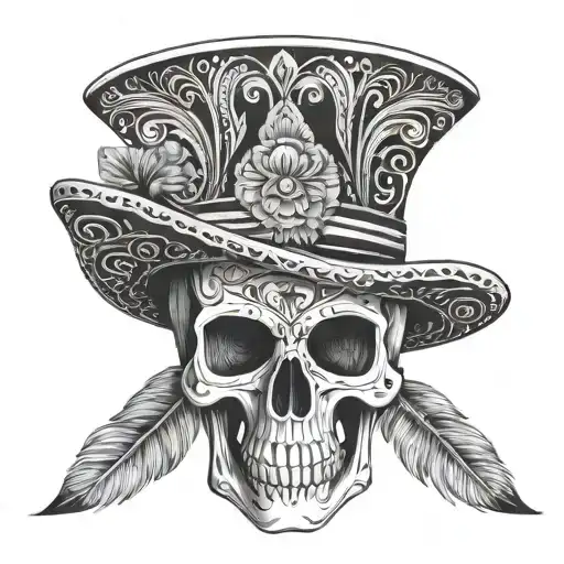 Skull With Mexican Hat In Black And White