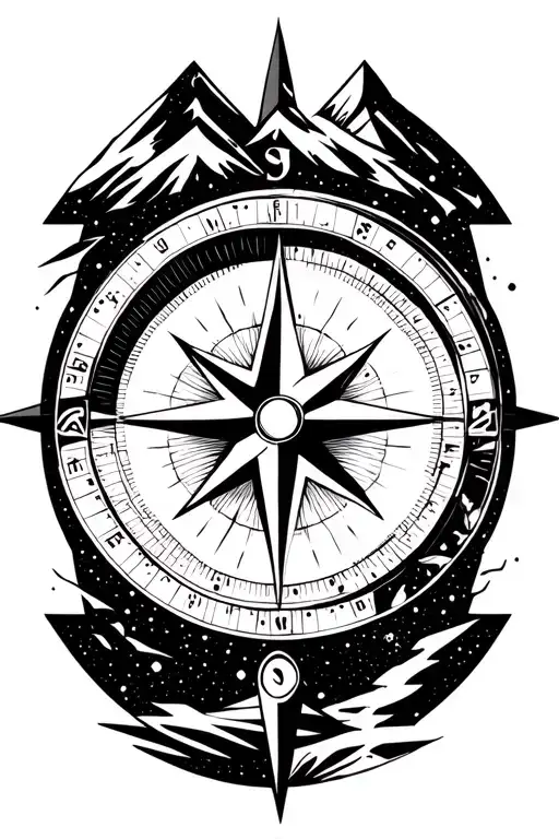 Compass Surrounded By Galaxy And Mountins