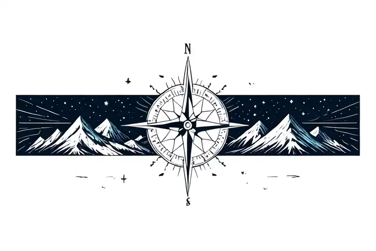 Compass Surrounded By Cosmos And Mountins