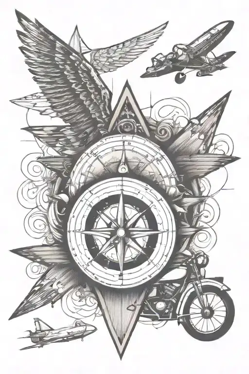 Compass With Motorcycle And Airplane Soaring