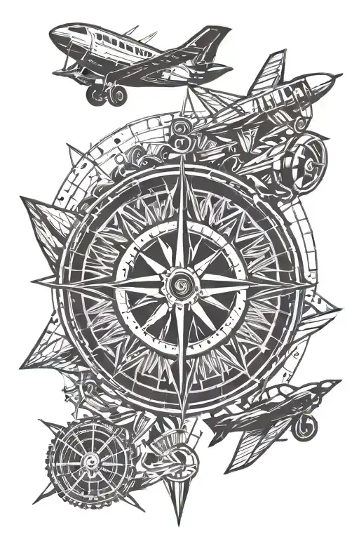 Compass With Motorcycle And Airplane Flying