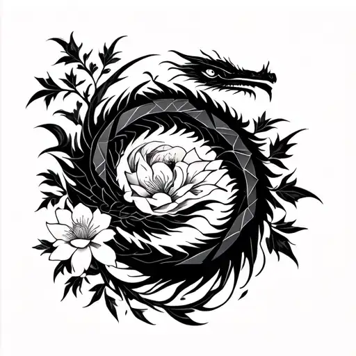 Dragon With Flowers Blooming