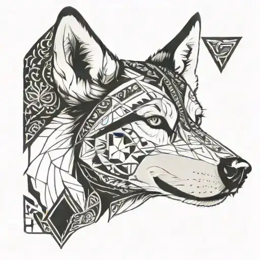 Siberian Husky Symmetrical Face With Half Of The Face With Realism And The Other Half With Tribal