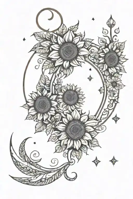 Crescent Moon Unalome With Sunflowers And Lace