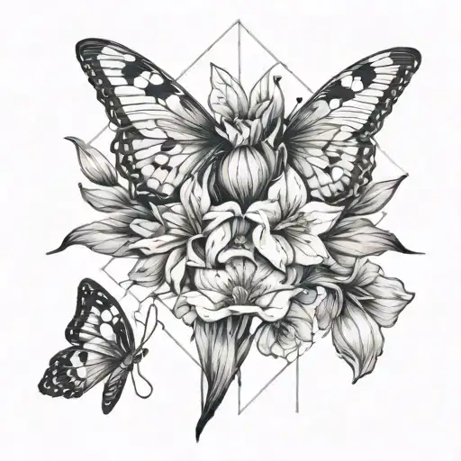 Moth Witg Gladiolus And Cosmos Flower Bouquet Geometric