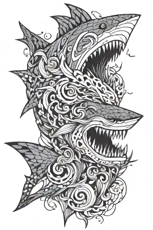 Poseidon Face And Wave And Shark Swimming