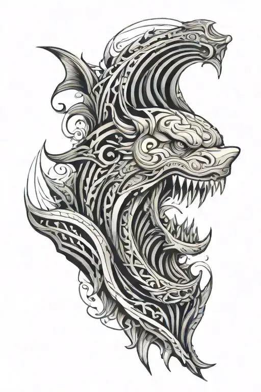 Poseidon Face And Wave And Shark Swimming