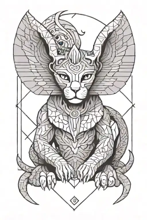 A Minimalist Tattoo Design Of A Sphinx Inspired By Asian Mythology