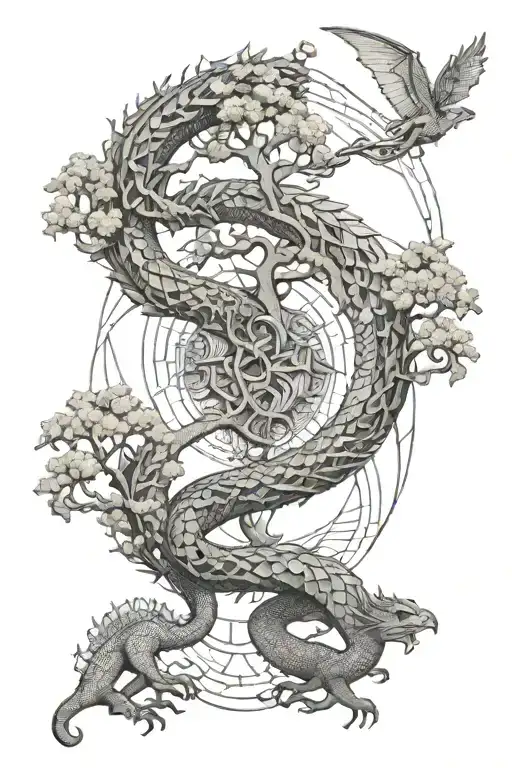 Yygdrasil And Long Dragon Flying Wraping Yygdrasil