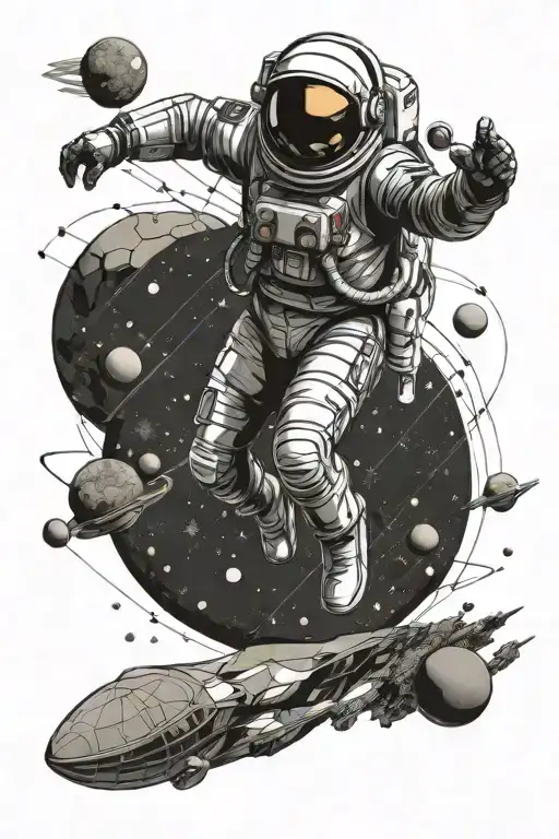 Spaceman Full-length Flying In Space With Planets