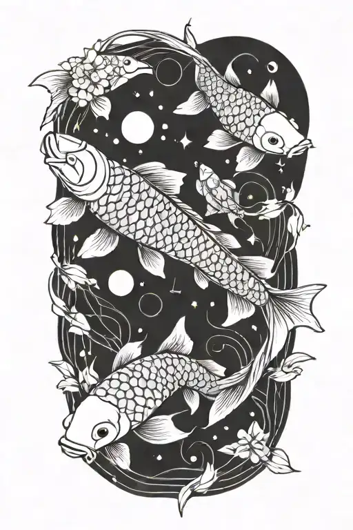 Koi Fish Swimming Alongside Sun And Moon Phases Integrated